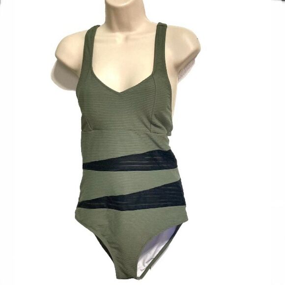 CUPSHE Swimsuit Olive Green Sheer Black Accents Tie Back One Piece Womens Small - Picture 1 of 16